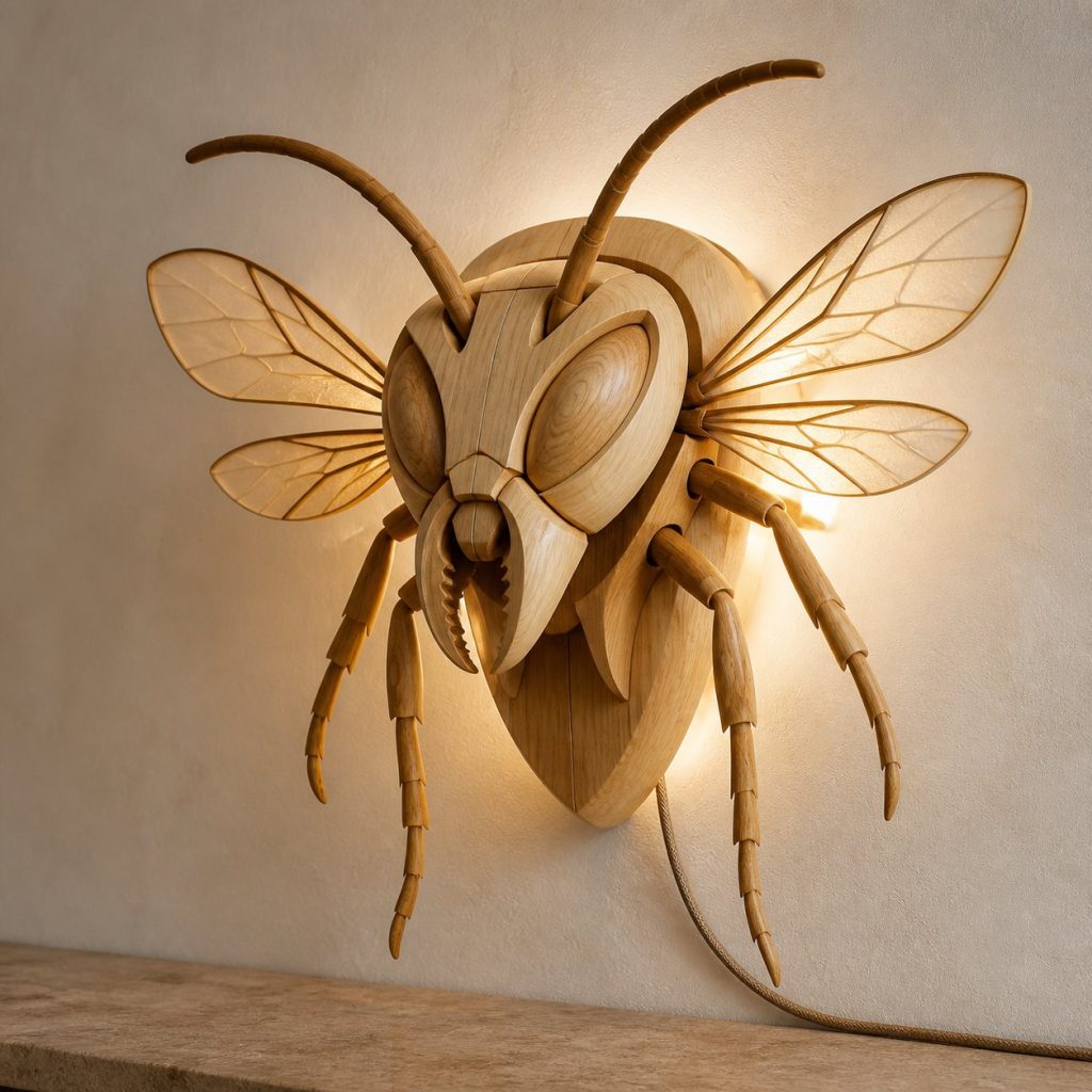Layered Wasp Head Wall Lamp shown as an original square photorealistic wasp lamp made from natural light-yellow wood with fine grain and warm diffused light
