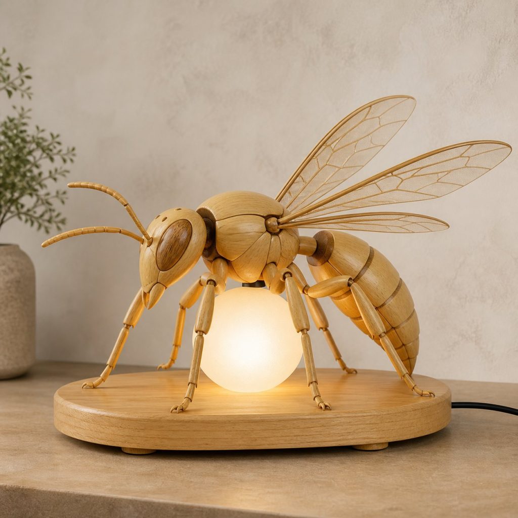 Wasp Orb Lamp shown as an original square photorealistic wasp lamp made from natural light-yellow wood with fine grain and warm diffused light