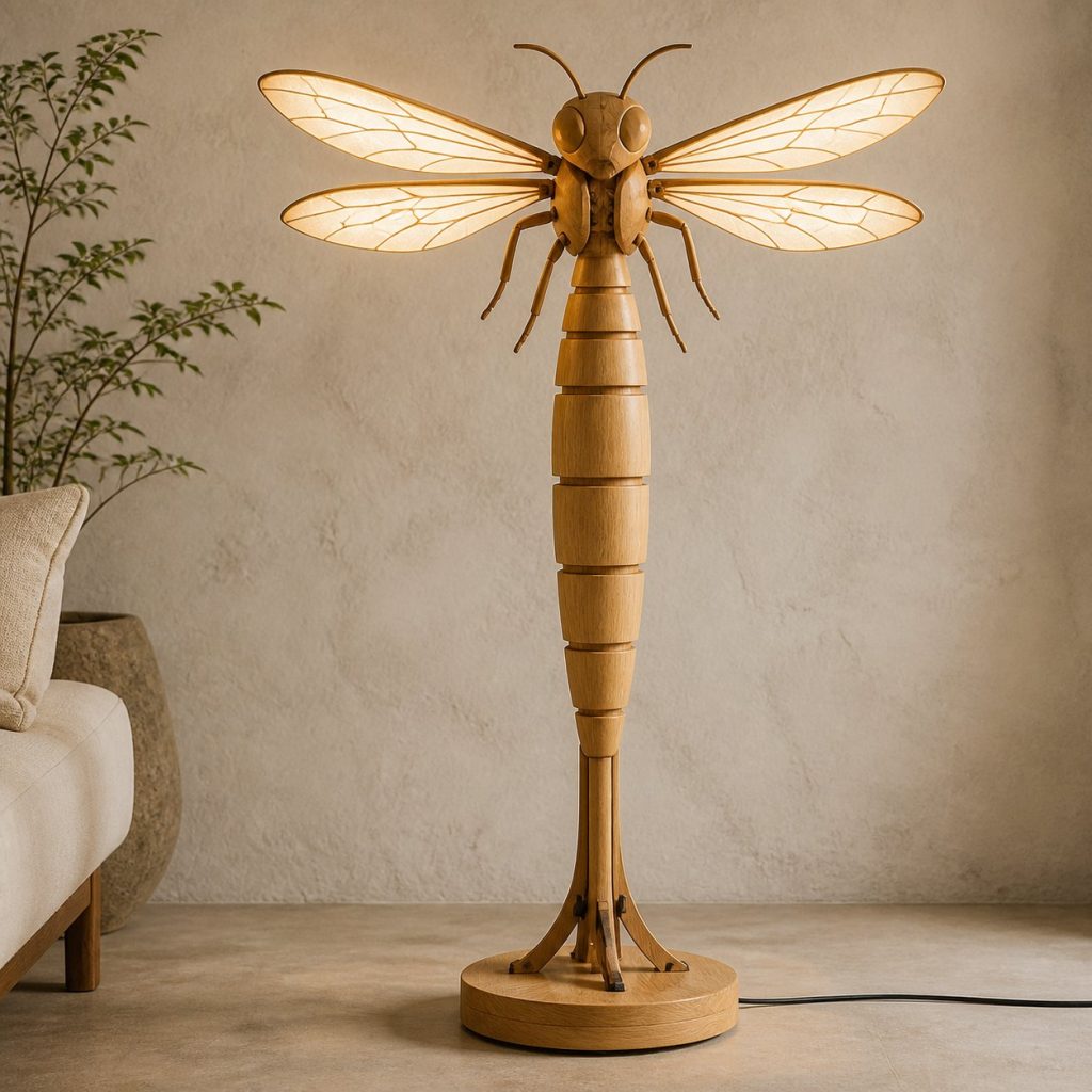 Tall Wasp Floor Lamp shown as an original square photorealistic wasp lamp made from natural light-yellow wood with fine grain and warm diffused light