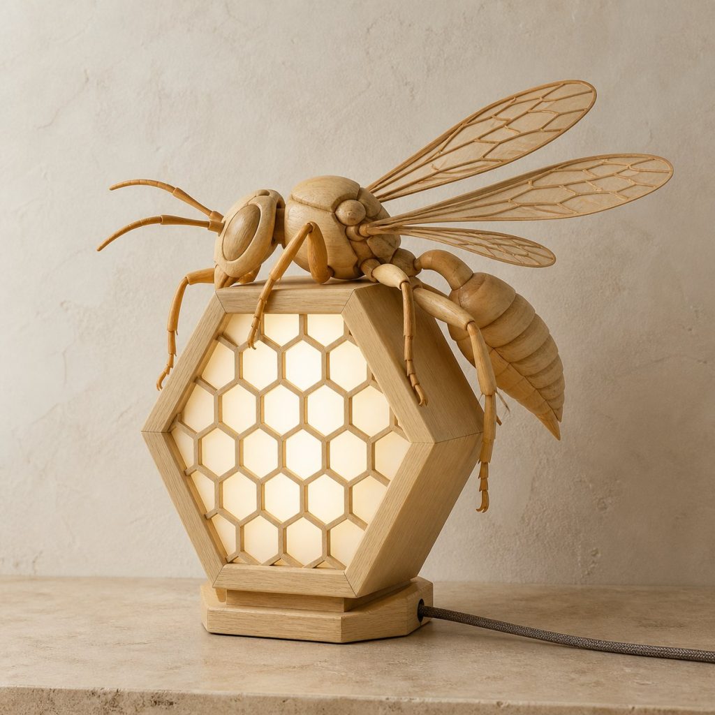Paper-Nest Wasp Lantern shown as an original square photorealistic wasp lamp made from natural light-yellow wood with fine grain and warm diffused light