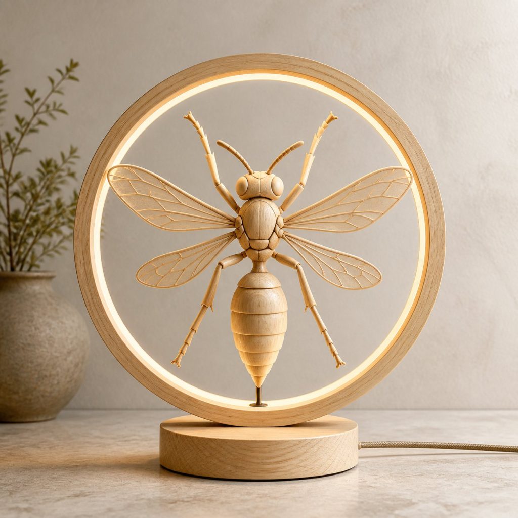 Wasp Sun-Ring Lamp shown as an original square photorealistic wasp lamp made from natural light-yellow wood with fine grain and warm diffused light