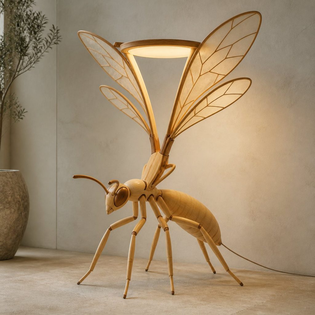 Paired-Wing Wasp Floor Lamp shown as an original square photorealistic wasp lamp made from natural light-yellow wood with fine grain and warm diffused light
