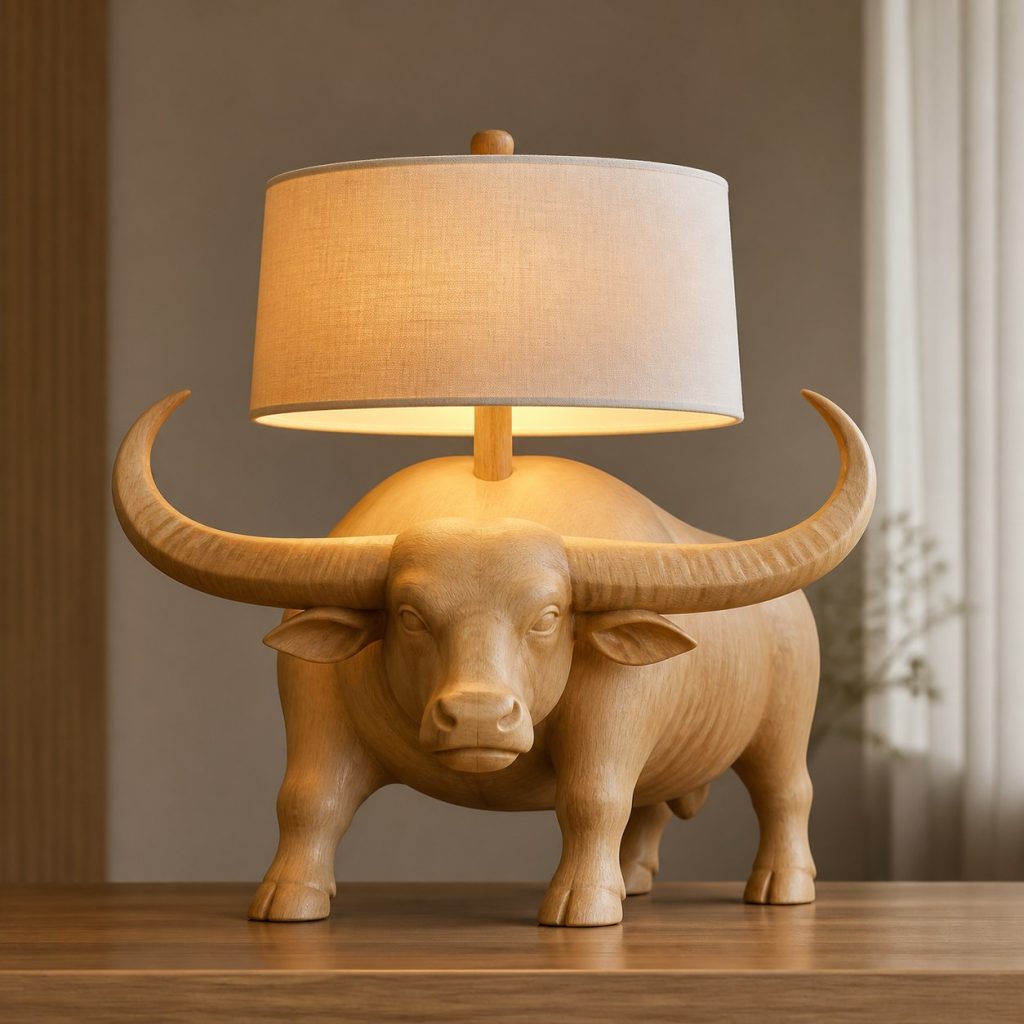Water Buffalo Profile Lamp shown as an original square photorealistic water buffalo lamp made from natural light-yellow wood with fine grain and warm diffused light