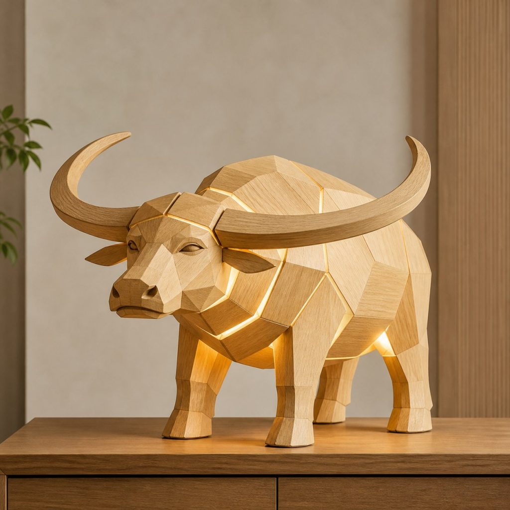 Faceted Water Buffalo Lamp shown as an original square photorealistic water buffalo lamp made from natural light-yellow wood with fine grain and warm diffused light