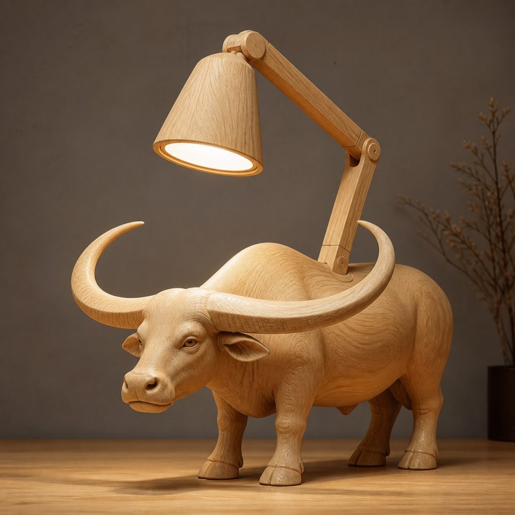 Buffalo-Horn Desk Task Lamp shown as an original square photorealistic water buffalo lamp made from natural light-yellow wood with fine grain and warm diffused light