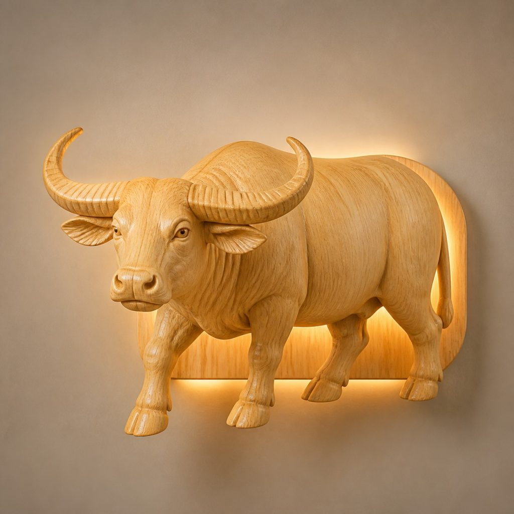 Walking Water Buffalo Wall Sconce shown as an original square photorealistic water buffalo lamp made from natural light-yellow wood with fine grain and warm diffused light