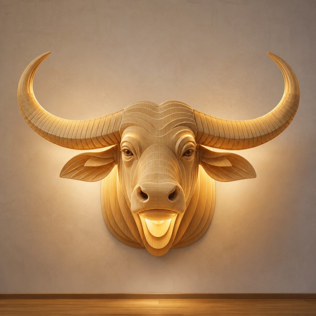 Layered Water Buffalo Head Wall Lamp shown as an original square photorealistic water buffalo lamp made from natural light-yellow wood with fine grain and warm diffused light