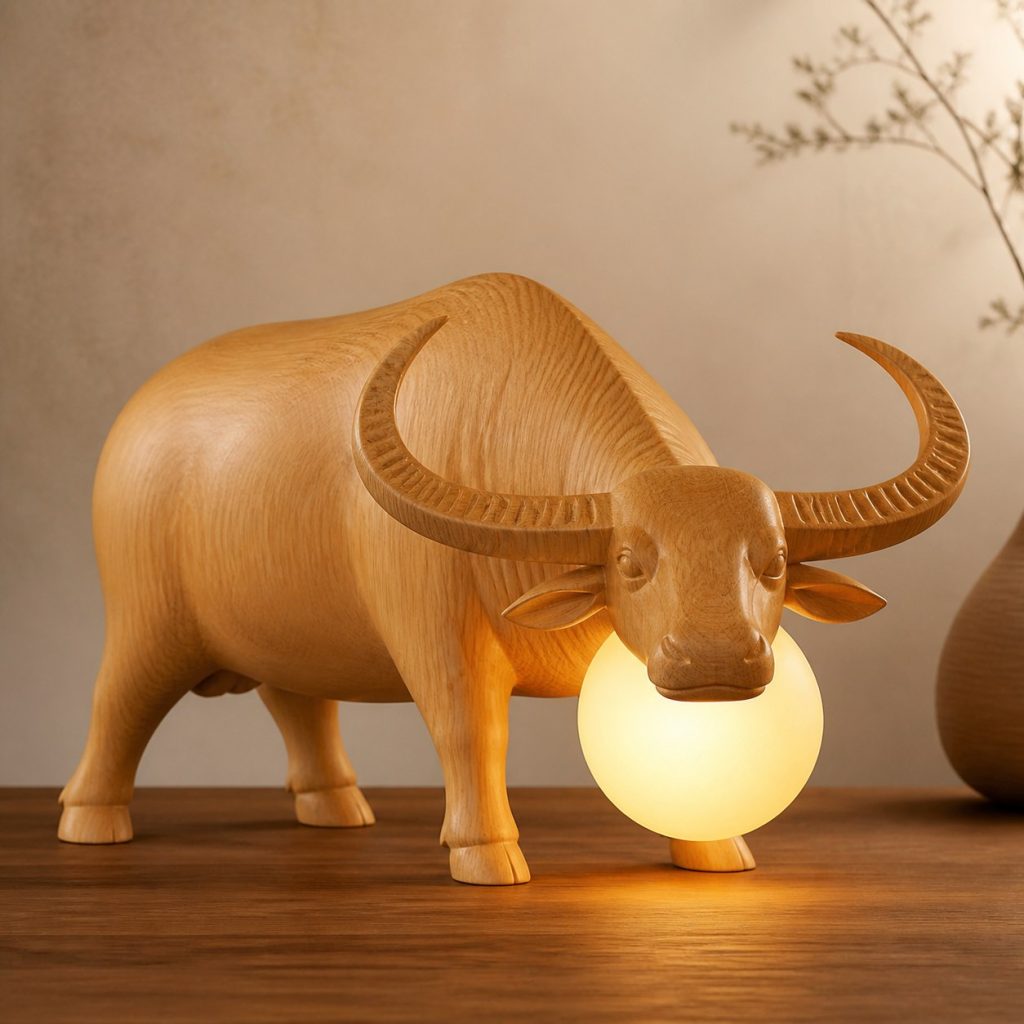 Water Buffalo Orb Lamp shown as an original square photorealistic water buffalo lamp made from natural light-yellow wood with fine grain and warm diffused light