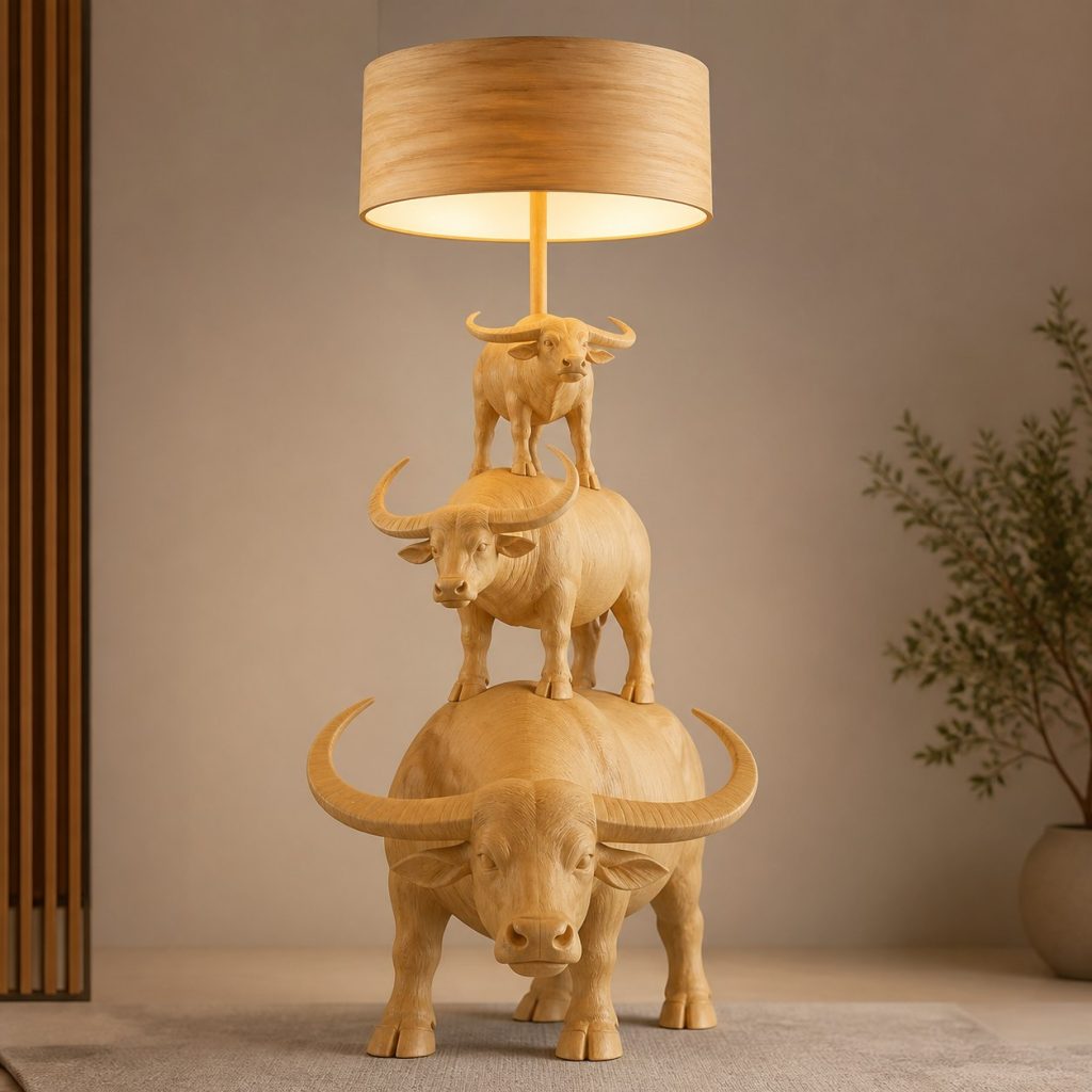 Stacked Water Buffalo Floor Lamp shown as an original square photorealistic water buffalo lamp made from natural light-yellow wood with fine grain and warm diffused light