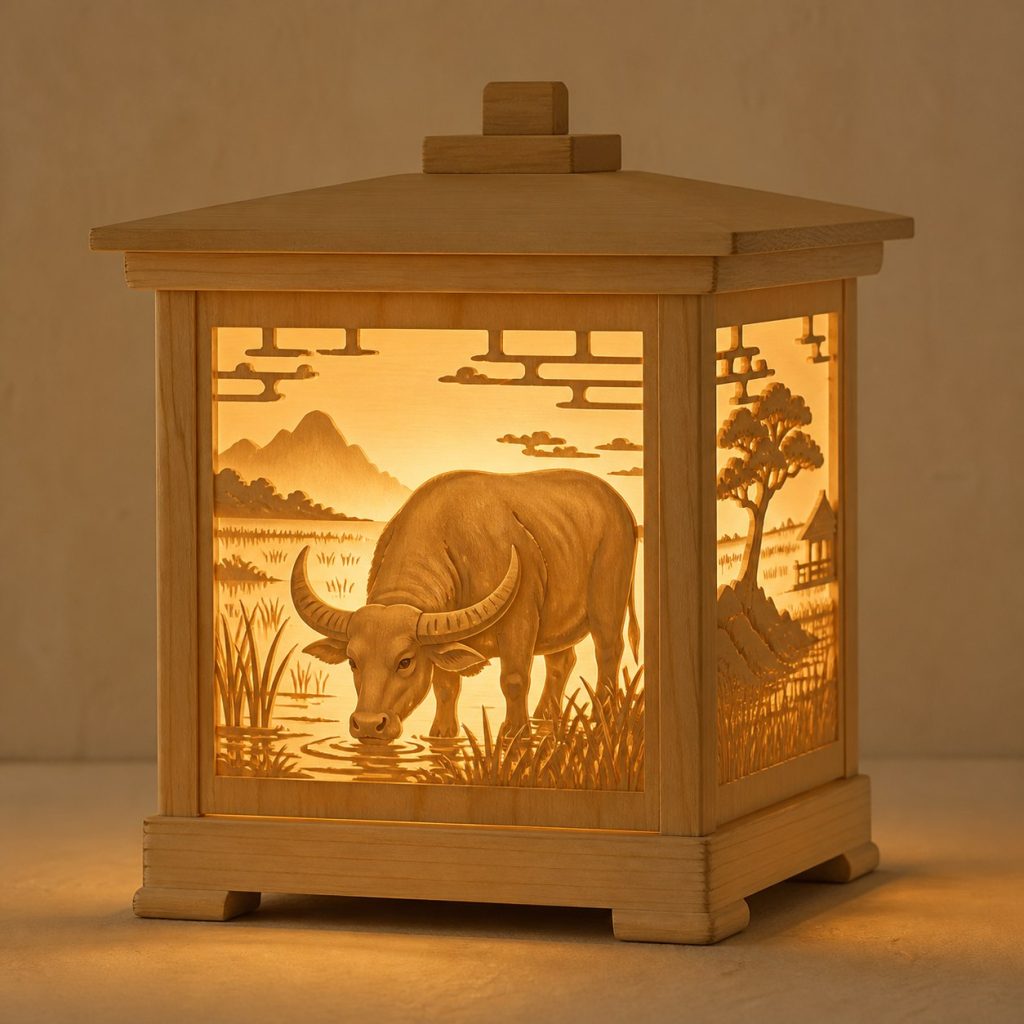 Rice-Field Buffalo Lantern shown as an original square photorealistic water buffalo lamp made from natural light-yellow wood with fine grain and warm diffused light