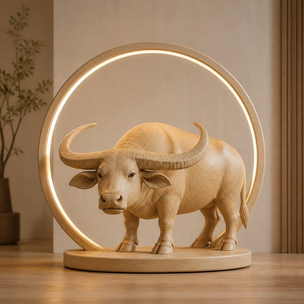 Water Buffalo Circle-Ring Lamp shown as an original square photorealistic water buffalo lamp made from natural light-yellow wood with fine grain and warm diffused light