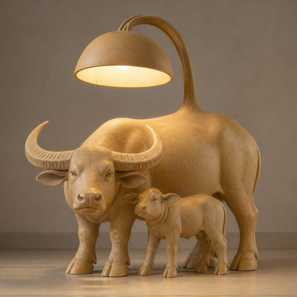 Paired Water Buffalo Floor Lamp shown as an original square photorealistic water buffalo lamp made from natural light-yellow wood with fine grain and warm diffused light