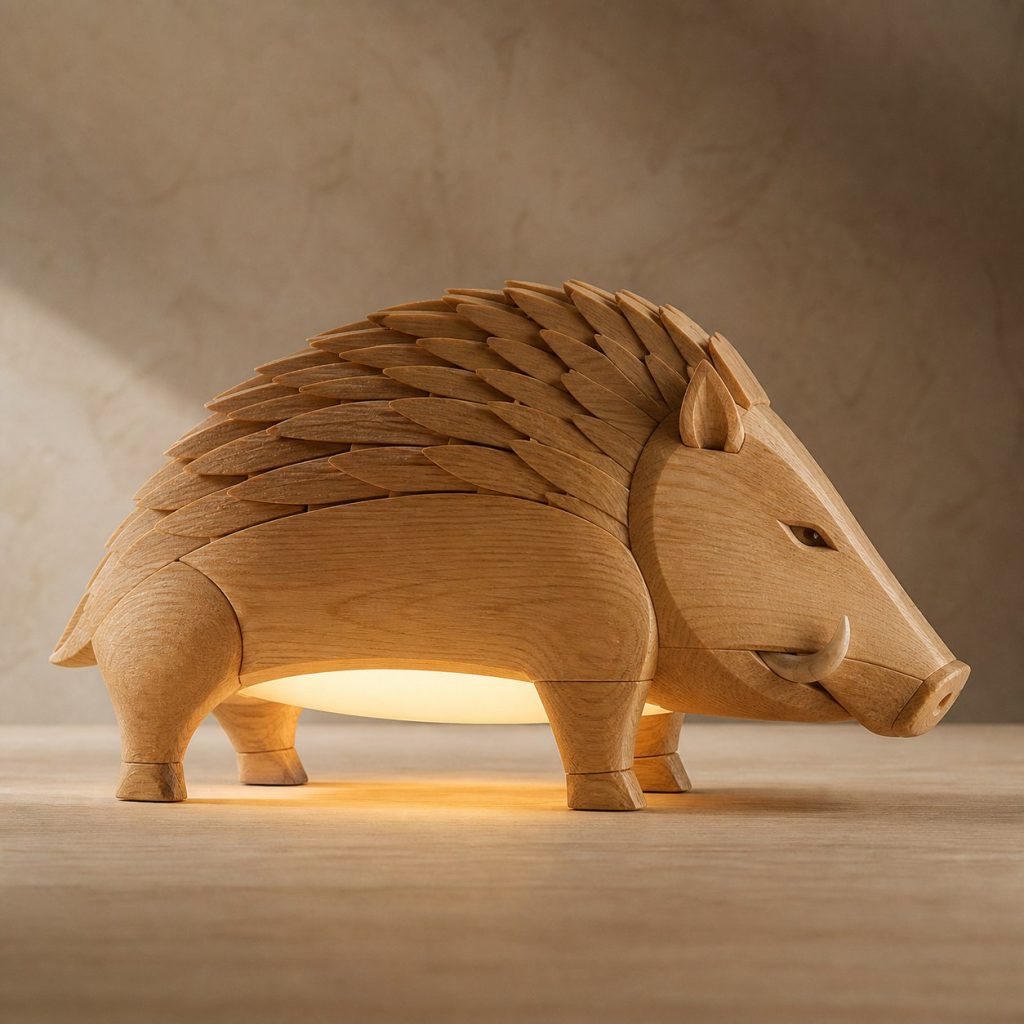 Wild Boar Profile Lamp shown as an original square photorealistic wild boar lamp made from natural light-yellow wood with fine grain and warm diffused light