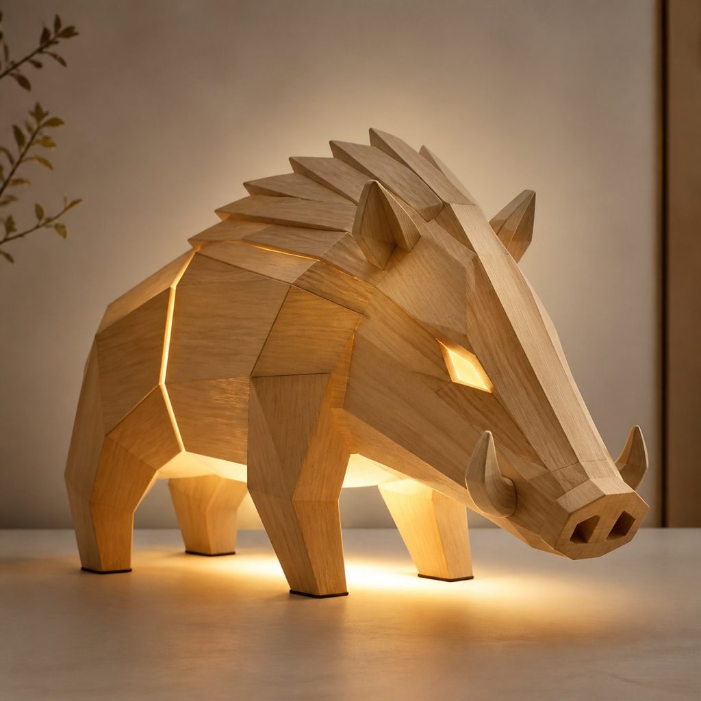 Faceted Wild Boar Lamp shown as an original square photorealistic wild boar lamp made from natural light-yellow wood with fine grain and warm diffused light
