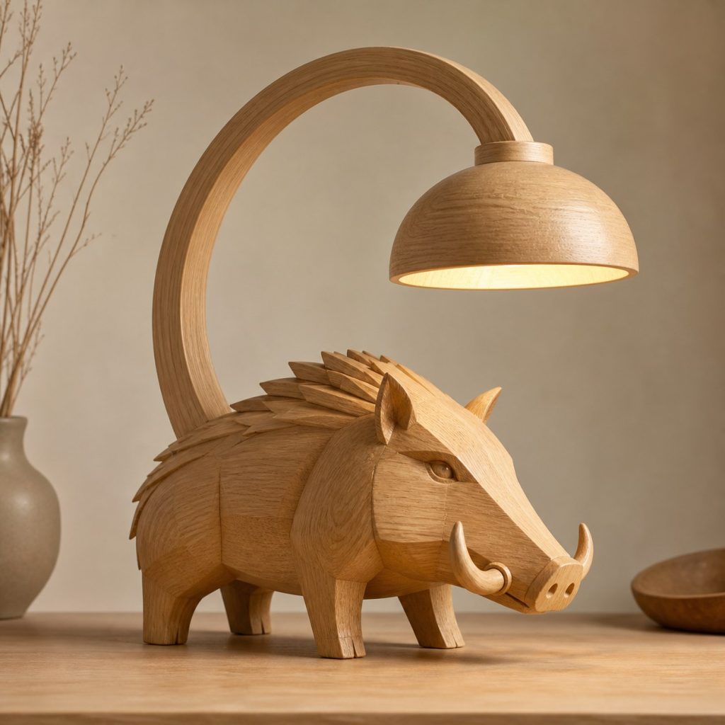 Boar-Tusk Desk Task Lamp shown as an original square photorealistic wild boar lamp made from natural light-yellow wood with fine grain and warm diffused light