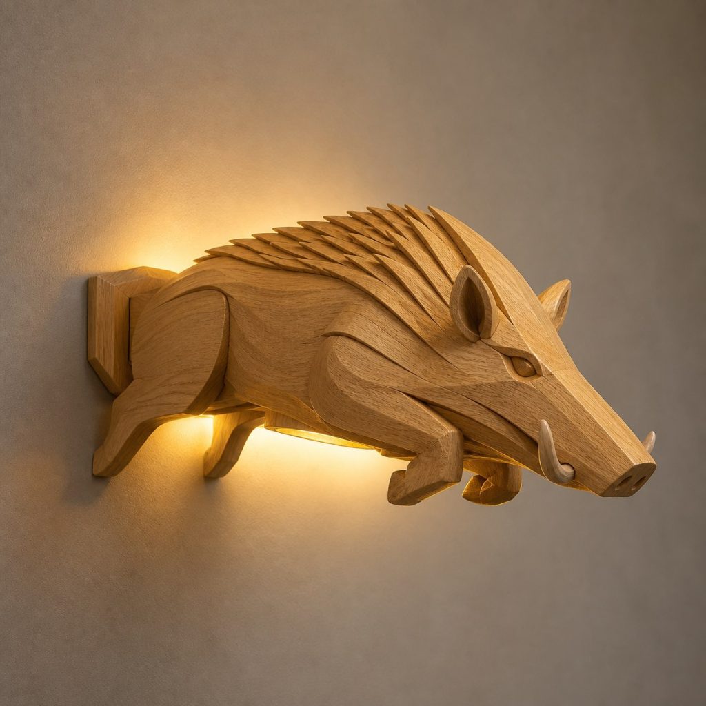 Charging Boar Wall Sconce shown as an original square photorealistic wild boar lamp made from natural light-yellow wood with fine grain and warm diffused light