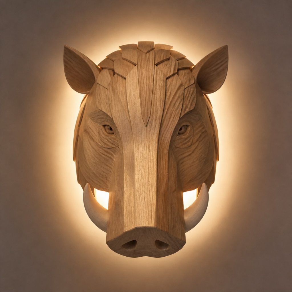 Layered Boar Face Wall Lamp shown as an original square photorealistic wild boar lamp made from natural light-yellow wood with fine grain and warm diffused light