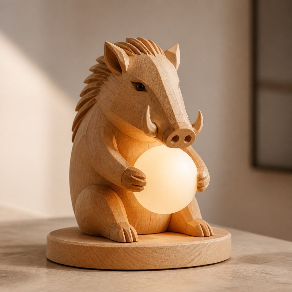 Wild Boar Orb Lamp shown as an original square photorealistic wild boar lamp made from natural light-yellow wood with fine grain and warm diffused light