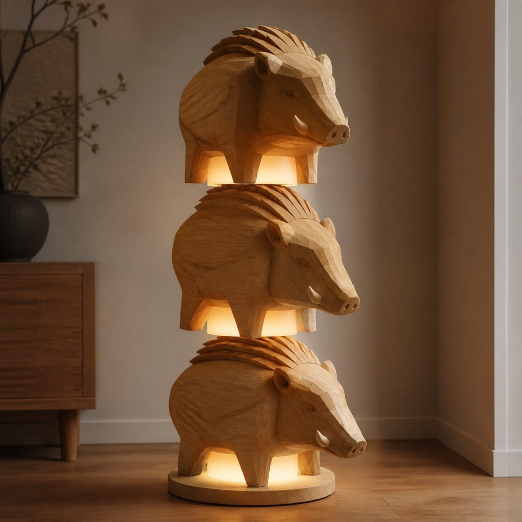 Stacked Boar Floor Lamp shown as an original square photorealistic wild boar lamp made from natural light-yellow wood with fine grain and warm diffused light