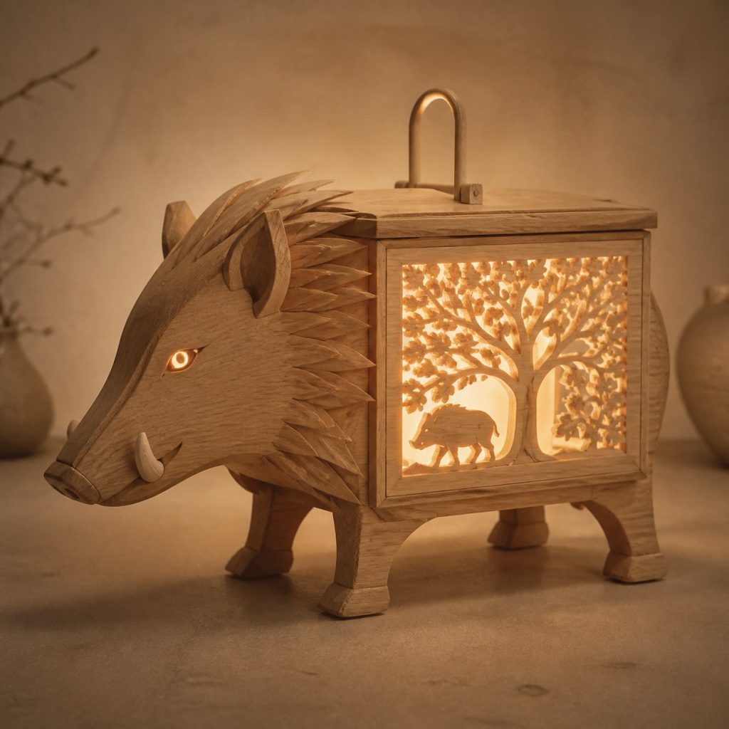 Forest Boar Lantern shown as an original square photorealistic wild boar lamp made from natural light-yellow wood with fine grain and warm diffused light