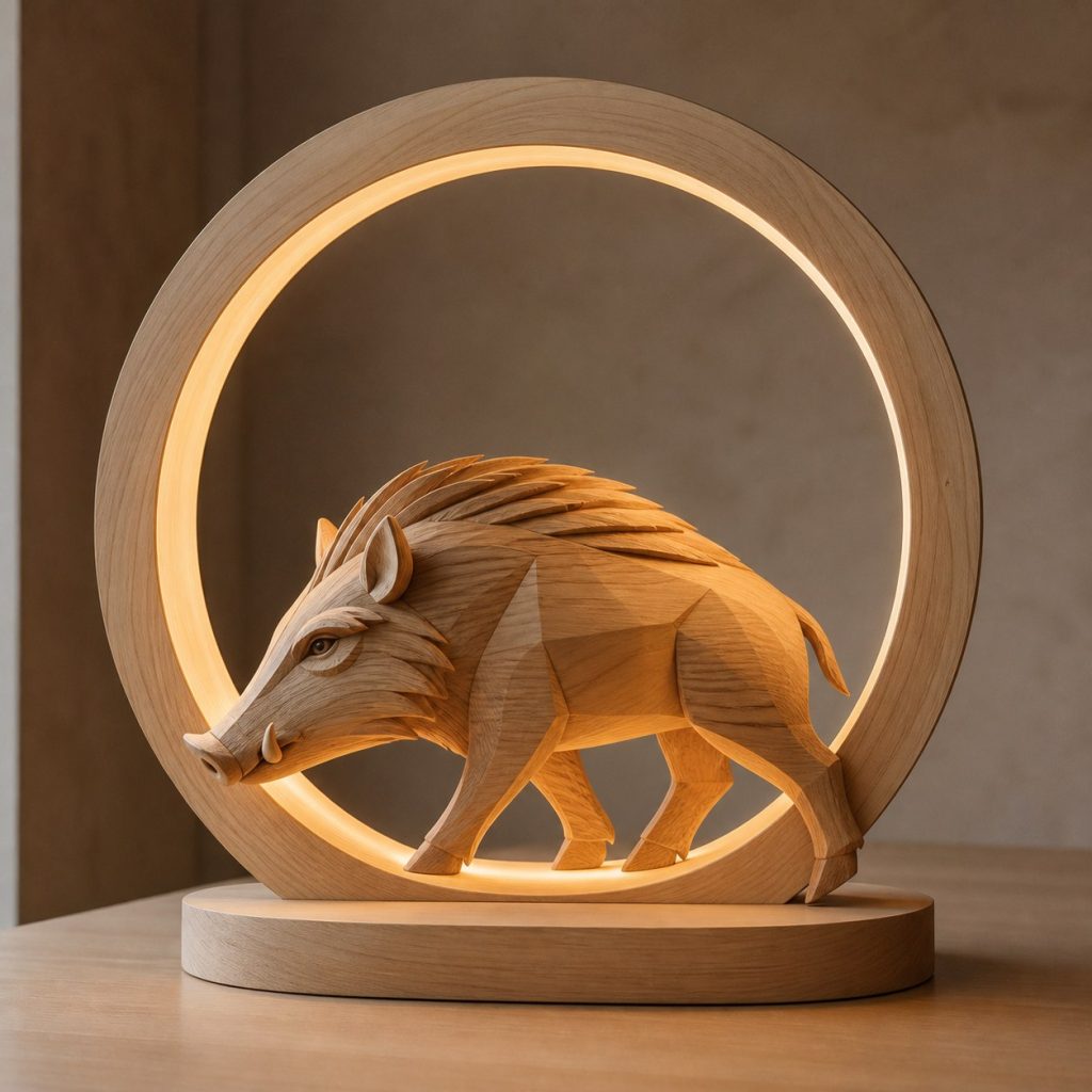 Boar Woodland-Ring Lamp shown as an original square photorealistic wild boar lamp made from natural light-yellow wood with fine grain and warm diffused light
