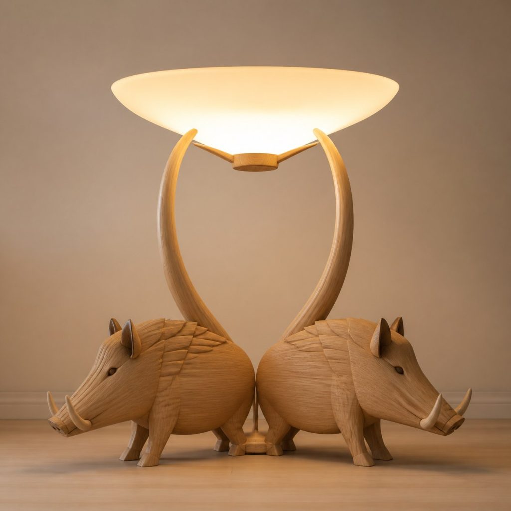 Paired-Tusk Boar Floor Lamp shown as an original square photorealistic wild boar lamp made from natural light-yellow wood with fine grain and warm diffused light