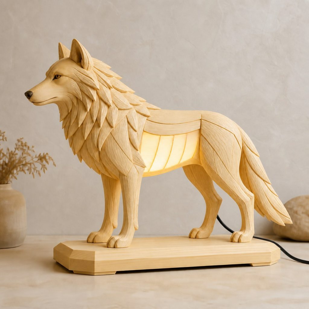 Wolf Profile Lamp shown as an original square photorealistic wolf lamp made from natural light-yellow wood with fine grain and warm diffused light
