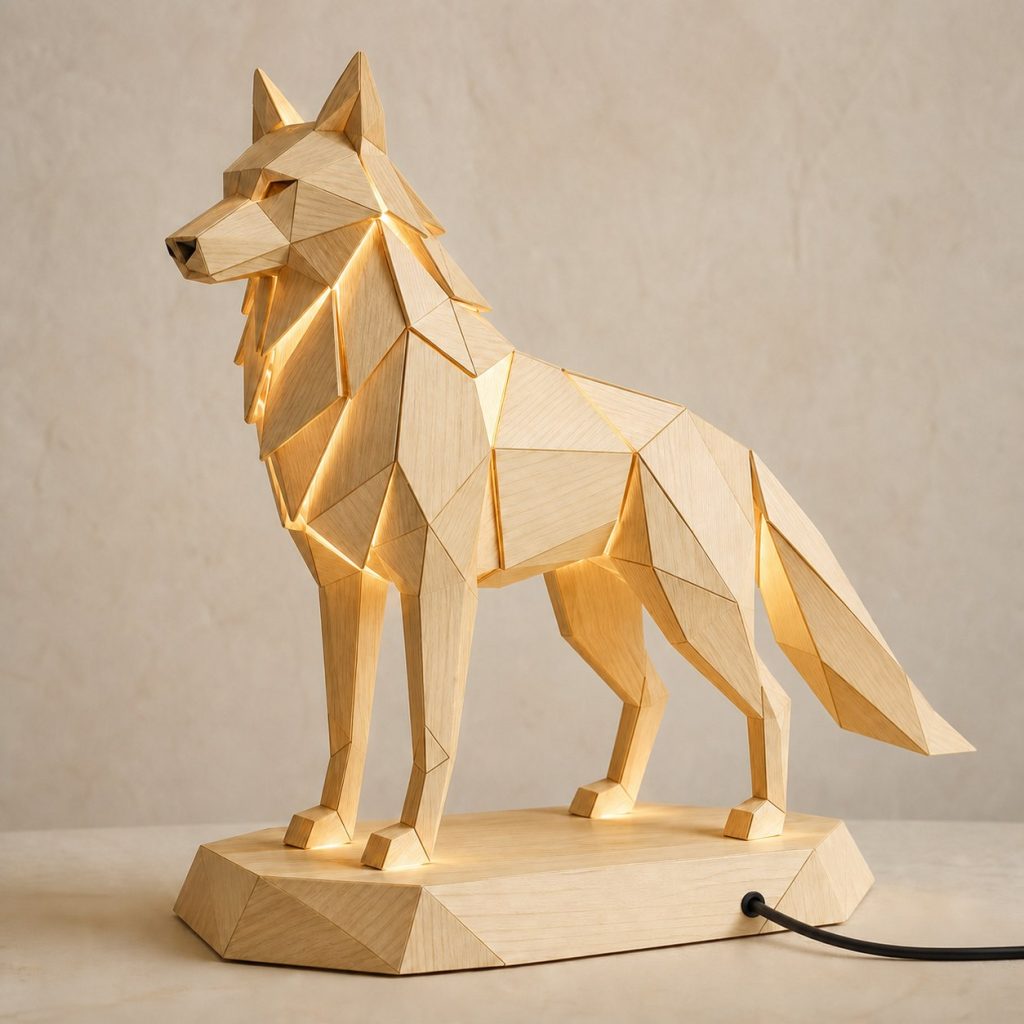 Faceted Wolf Lamp shown as an original square photorealistic wolf lamp made from natural light-yellow wood with fine grain and warm diffused light