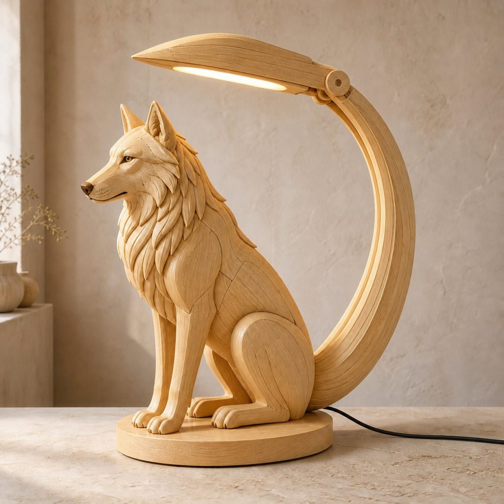 Wolf-Tail Desk Task Lamp shown as an original square photorealistic wolf lamp made from natural light-yellow wood with fine grain and warm diffused light