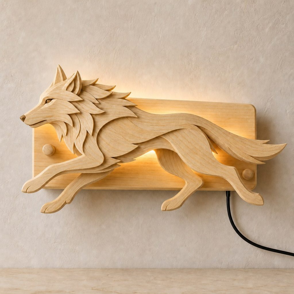 Running Wolf Wall Sconce shown as an original square photorealistic wolf lamp made from natural light-yellow wood with fine grain and warm diffused light