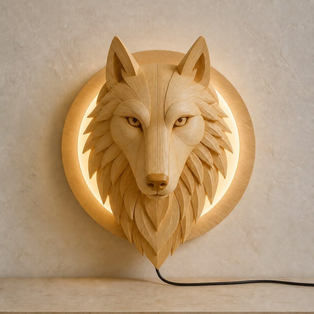 Layered Wolf Face Wall Lamp shown as an original square photorealistic wolf lamp made from natural light-yellow wood with fine grain and warm diffused light