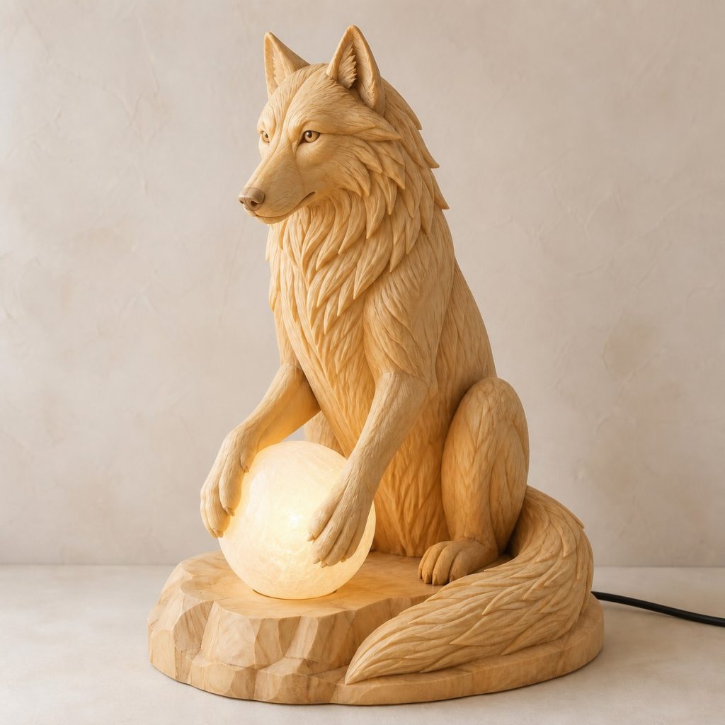 Wolf Orb Lamp shown as an original square photorealistic wolf lamp made from natural light-yellow wood with fine grain and warm diffused light