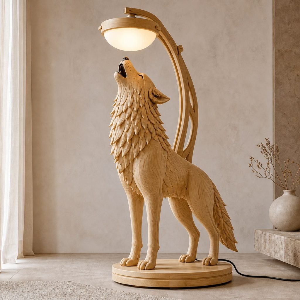 Howling Wolf Floor Lamp shown as an original square photorealistic wolf lamp made from natural light-yellow wood with fine grain and warm diffused light