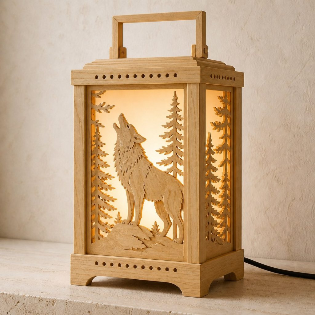 Forest Wolf Lantern shown as an original square photorealistic wolf lamp made from natural light-yellow wood with fine grain and warm diffused light