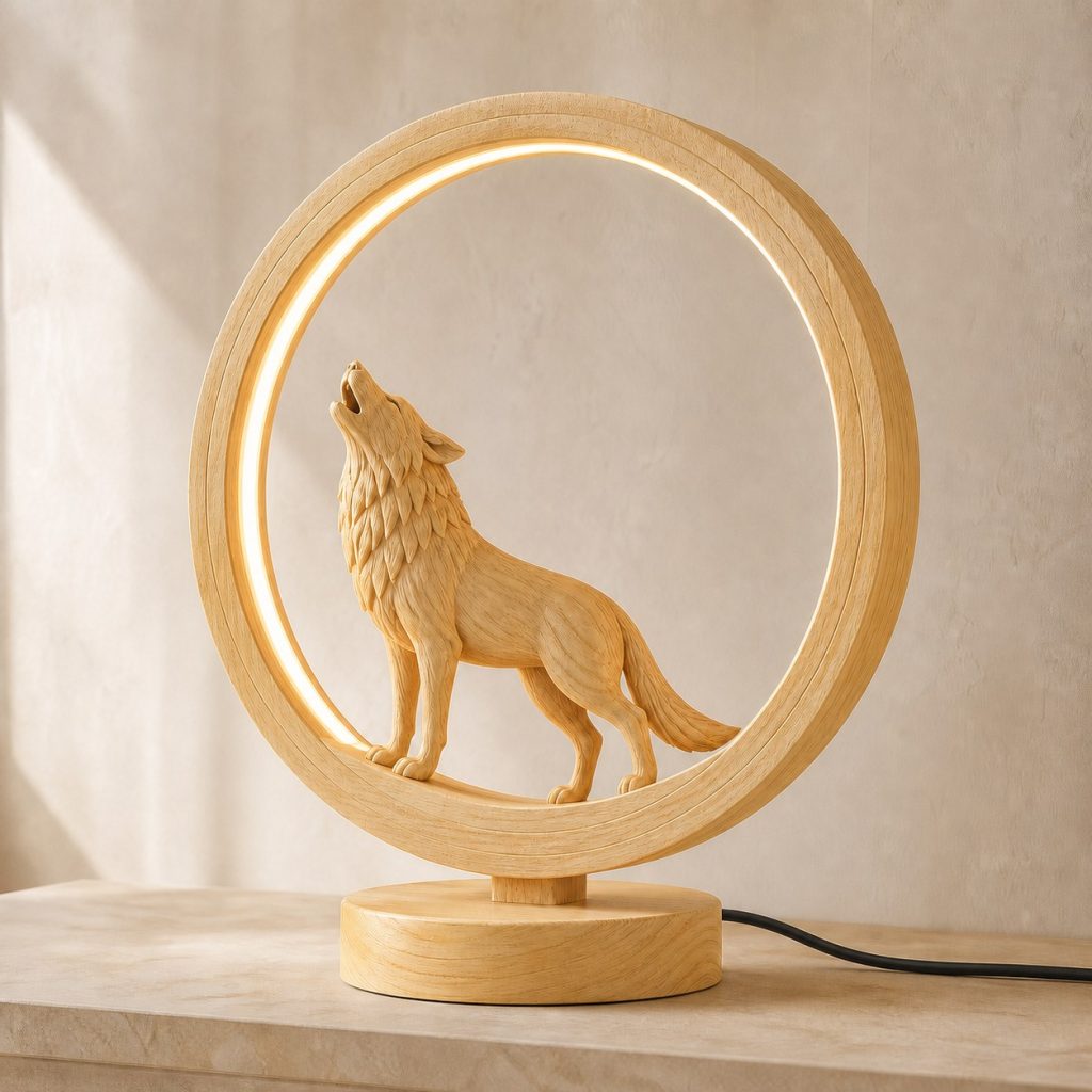 Wolf Moon-Ring Lamp shown as an original square photorealistic wolf lamp made from natural light-yellow wood with fine grain and warm diffused light