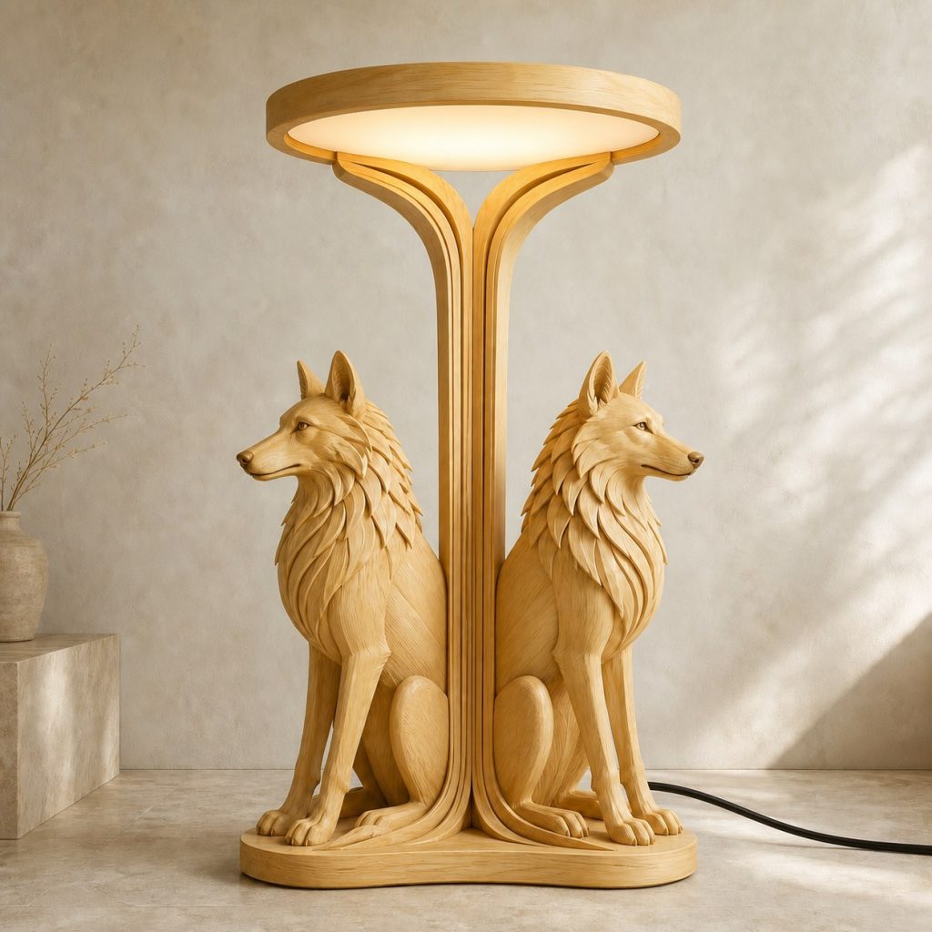 Paired-Ruff Wolf Floor Lamp shown as an original square photorealistic wolf lamp made from natural light-yellow wood with fine grain and warm diffused light