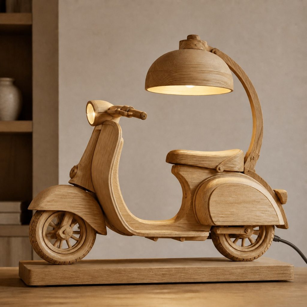 Wooden Scooter Profile Lamp shown as an original square photorealistic wooden scooter lamp made from natural light-yellow wood with fine grain and warm diffused light