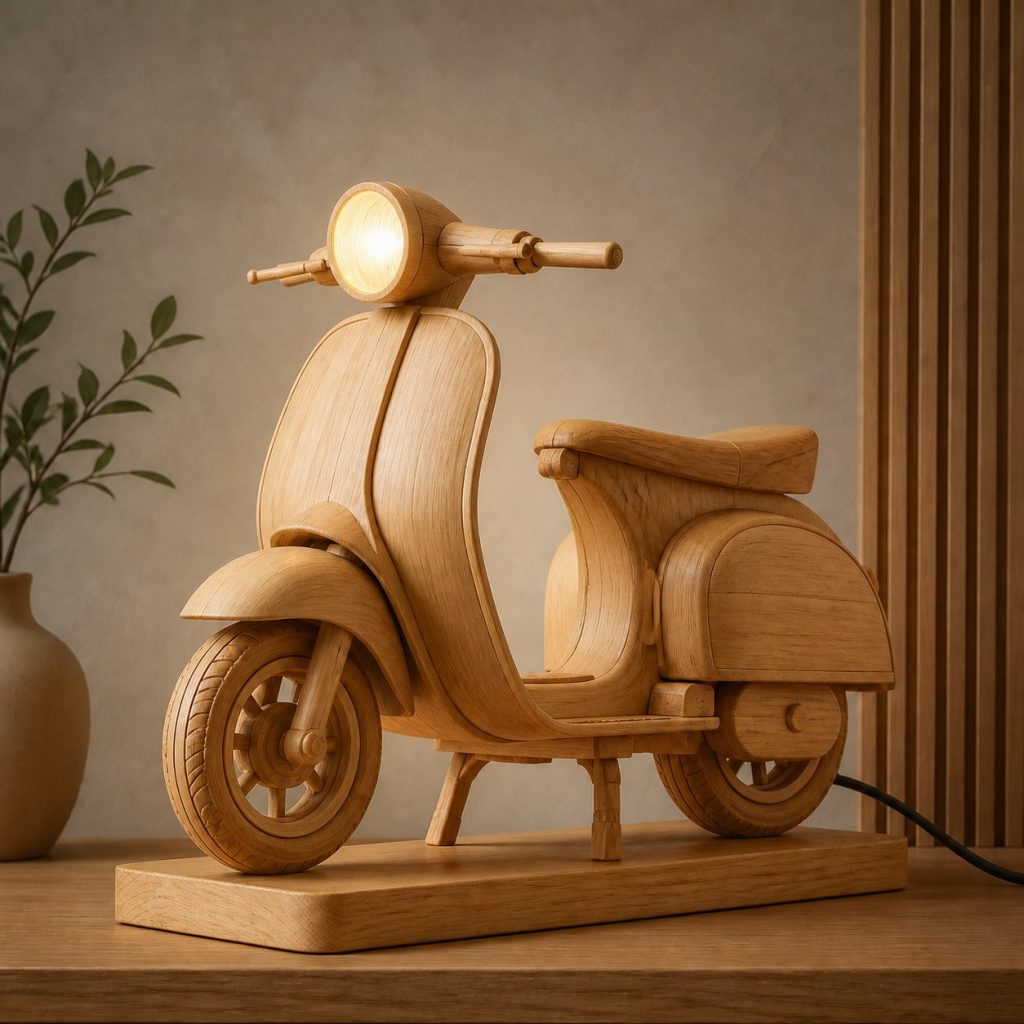 Faceted Wooden Scooter Lamp shown as an original square photorealistic wooden scooter lamp made from natural light-yellow wood with fine grain and warm diffused light