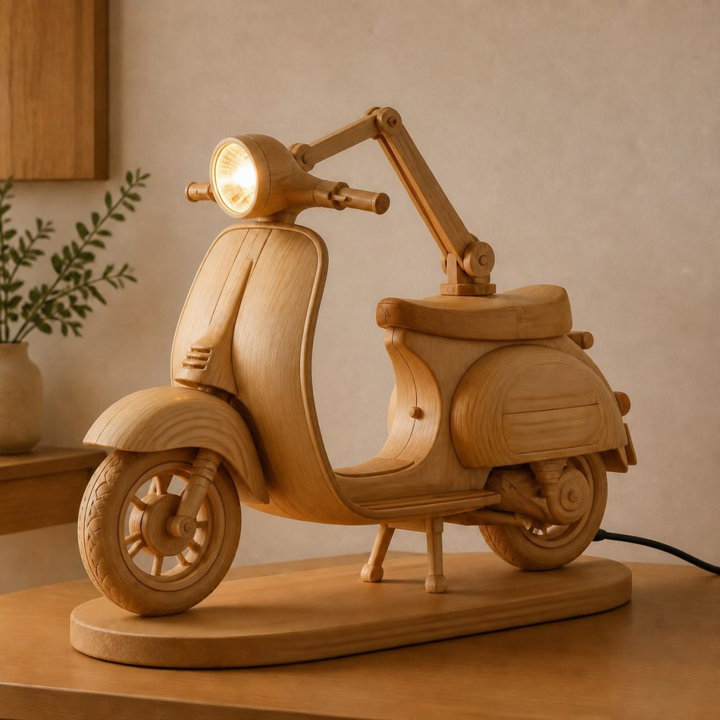 Scooter Headlight Desk Task Lamp shown as an original square photorealistic wooden scooter lamp made from natural light-yellow wood with fine grain and warm diffused light