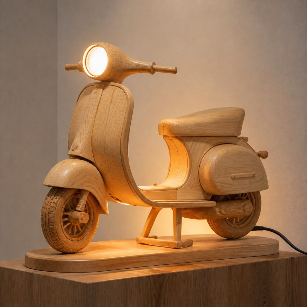 Riding Scooter Wall Sconce shown as an original square photorealistic wooden scooter lamp made from natural light-yellow wood with fine grain and warm diffused light