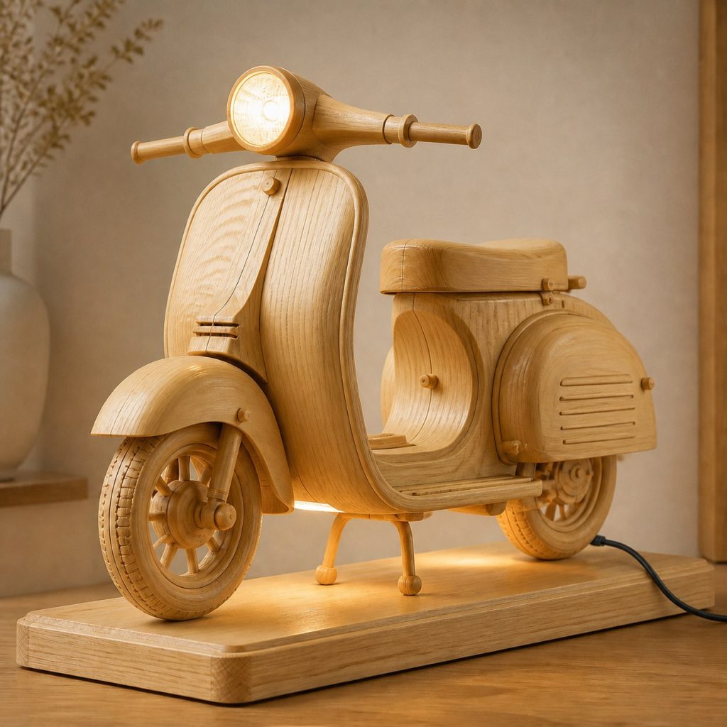 Layered Scooter Shield Wall Lamp shown as an original square photorealistic wooden scooter lamp made from natural light-yellow wood with fine grain and warm diffused light