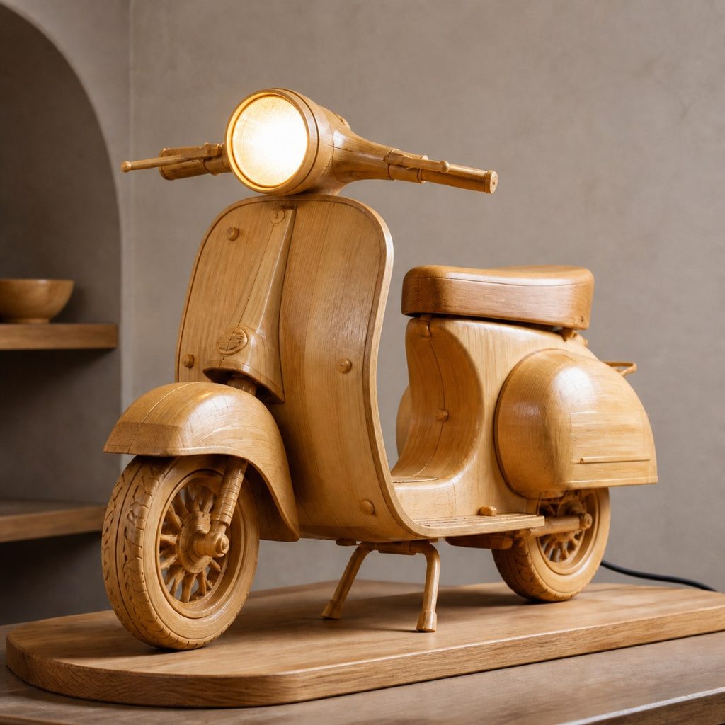 Scooter Headlight Orb Lamp shown as an original square photorealistic wooden scooter lamp made from natural light-yellow wood with fine grain and warm diffused light