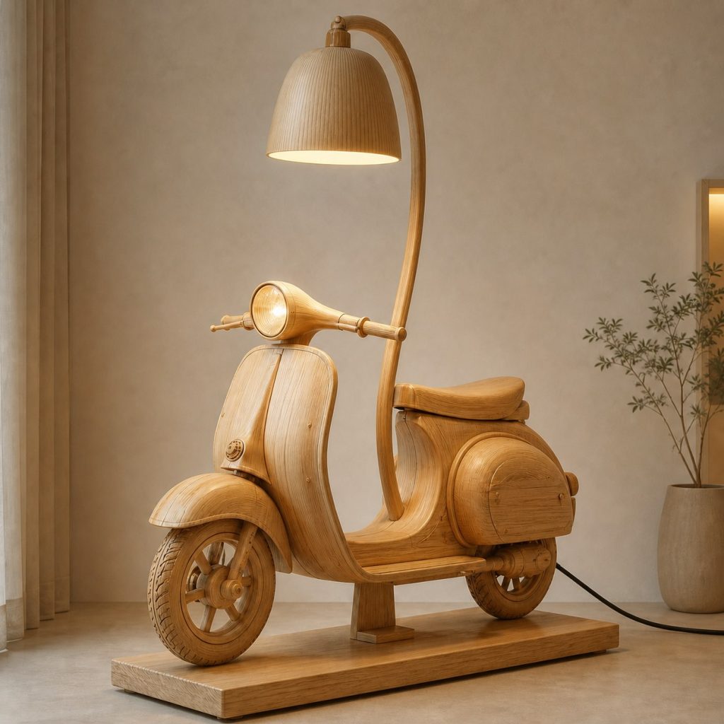 Stacked Scooter Floor Lamp shown as an original square photorealistic wooden scooter lamp made from natural light-yellow wood with fine grain and warm diffused light