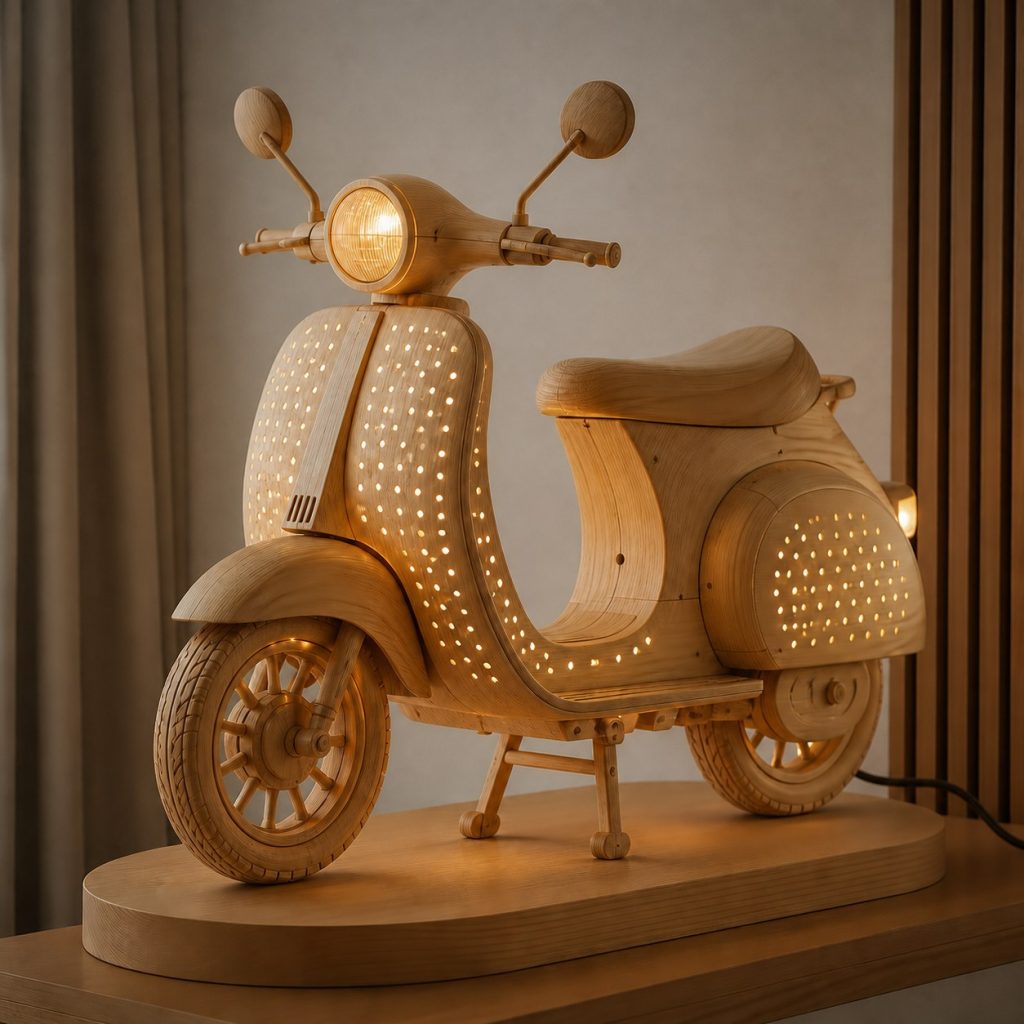 City Scooter Lantern shown as an original square photorealistic wooden scooter lamp made from natural light-yellow wood with fine grain and warm diffused light