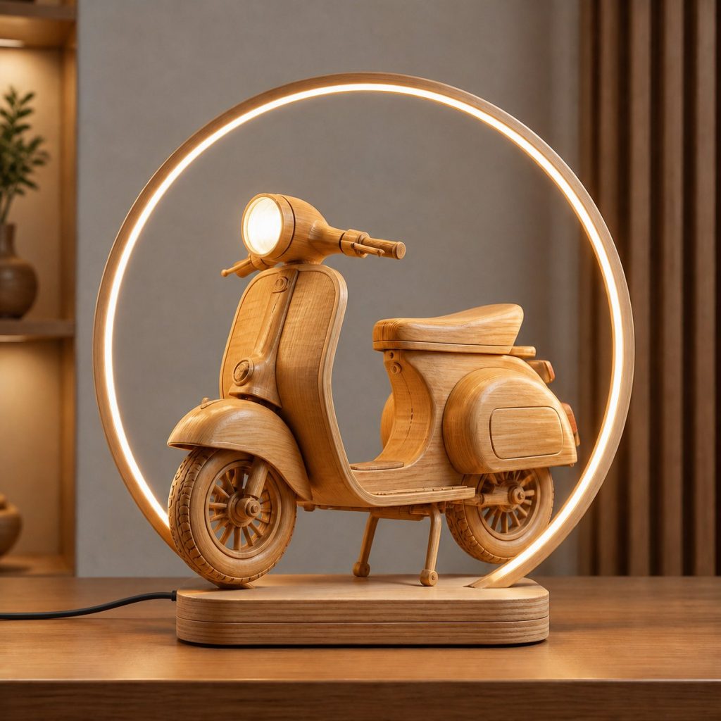 Scooter Wheel-Ring Lamp shown as an original square photorealistic wooden scooter lamp made from natural light-yellow wood with fine grain and warm diffused light