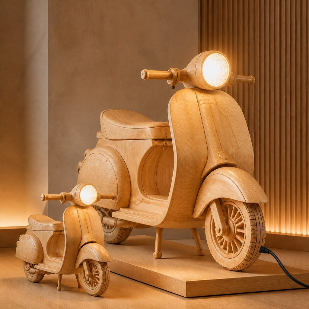 Paired Wooden Scooter Floor Lamp shown as an original square photorealistic wooden scooter lamp made from natural light-yellow wood with fine grain and warm diffused light