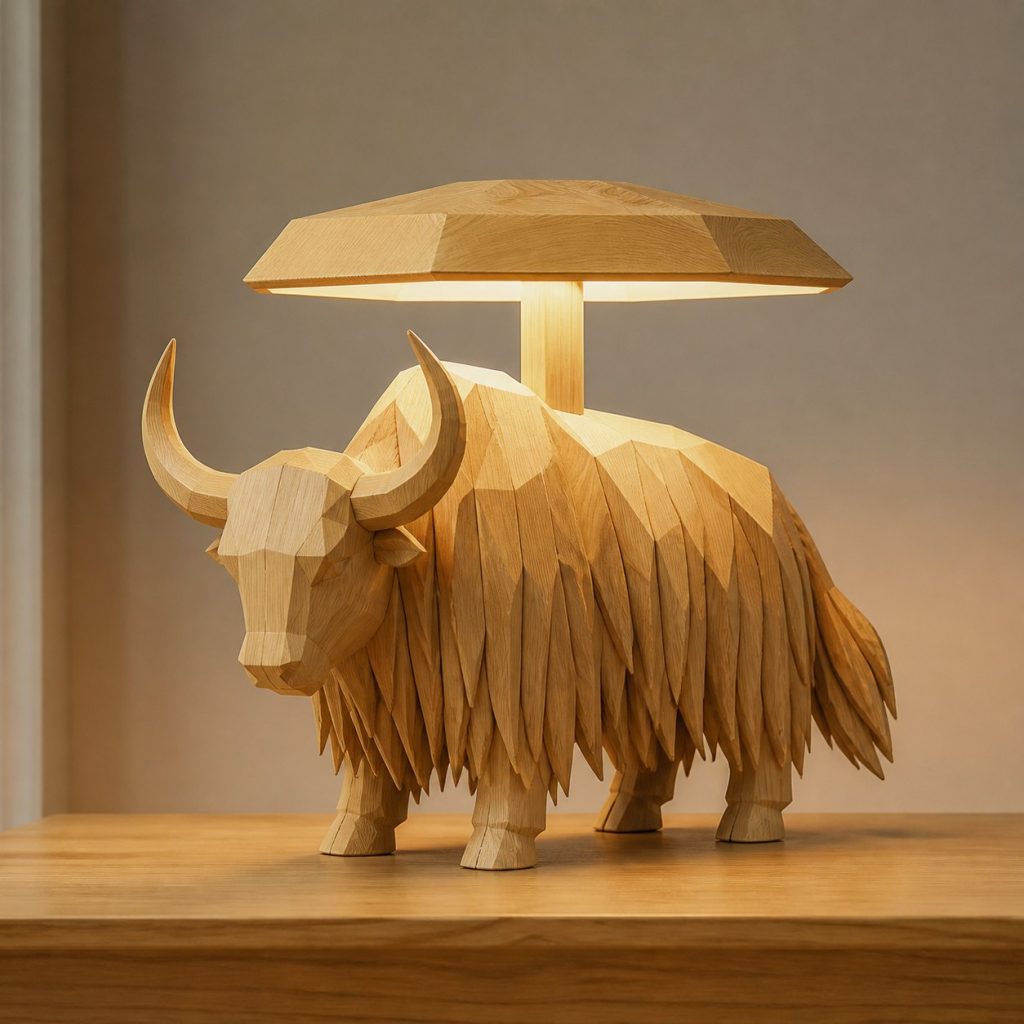 Faceted Yak Lamp shown as an original square photorealistic yak lamp made from natural light-yellow wood with fine grain and warm diffused light