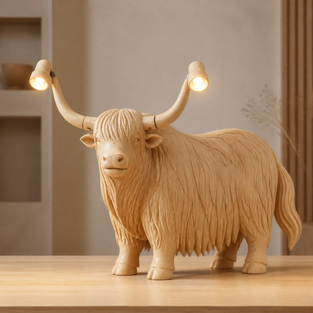 Yak-Horn Desk Task Lamp shown as an original square photorealistic yak lamp made from natural light-yellow wood with fine grain and warm diffused light