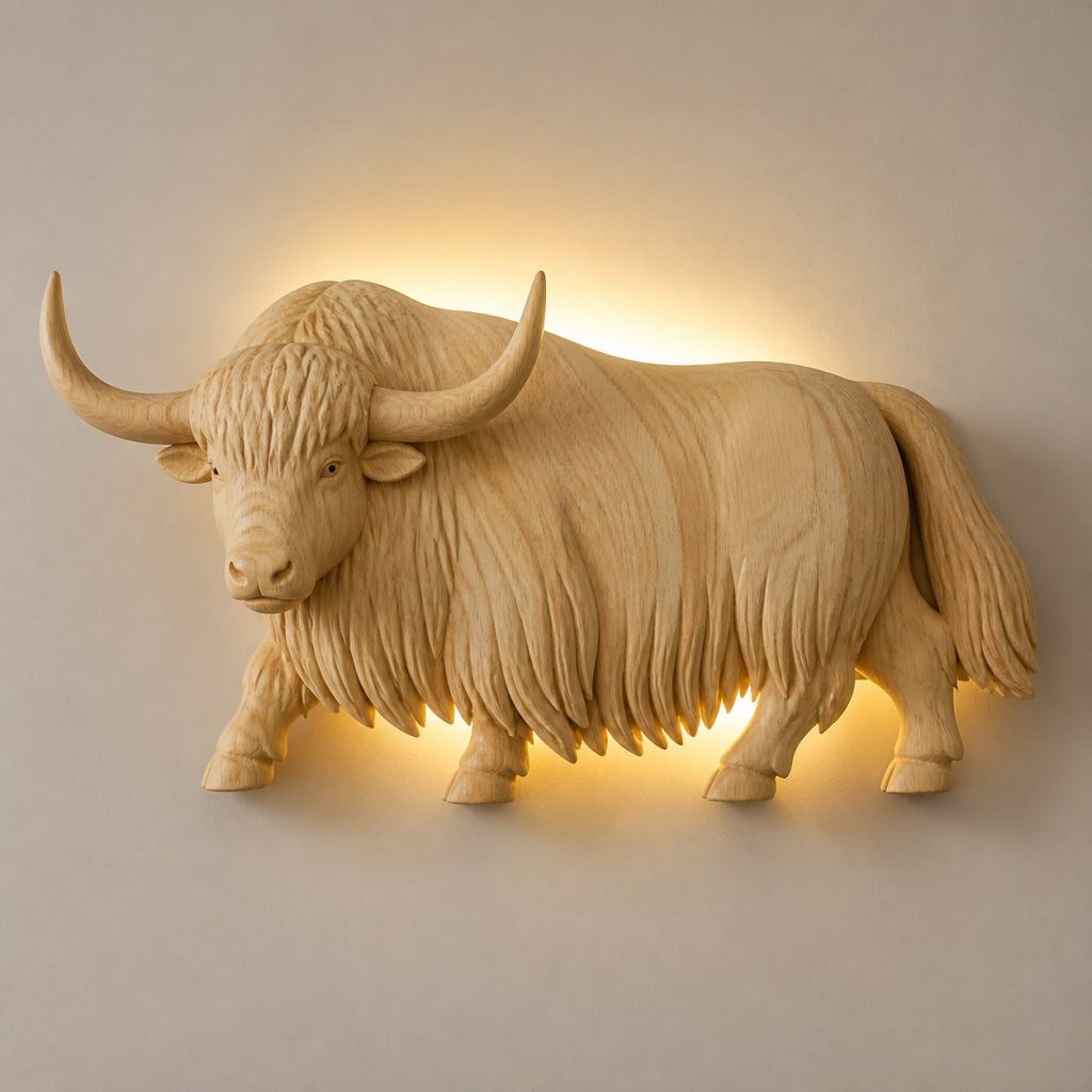 Walking Yak Wall Sconce shown as an original square photorealistic yak lamp made from natural light-yellow wood with fine grain and warm diffused light