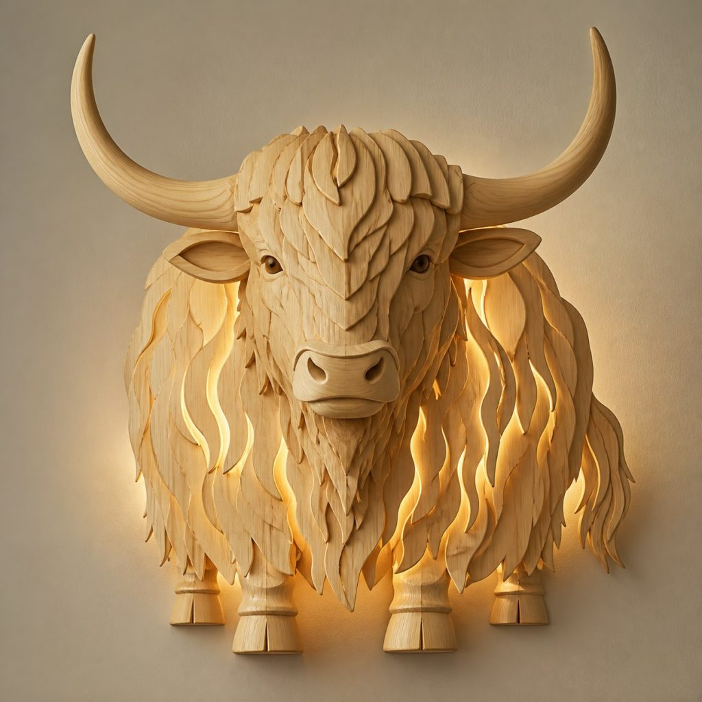 Layered Yak Head Wall Lamp shown as an original square photorealistic yak lamp made from natural light-yellow wood with fine grain and warm diffused light